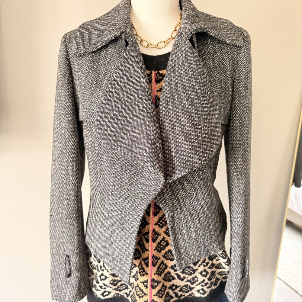 Anne Klein Women's Open Cascade Lapel Jacket Coat Black Herringbone est XS